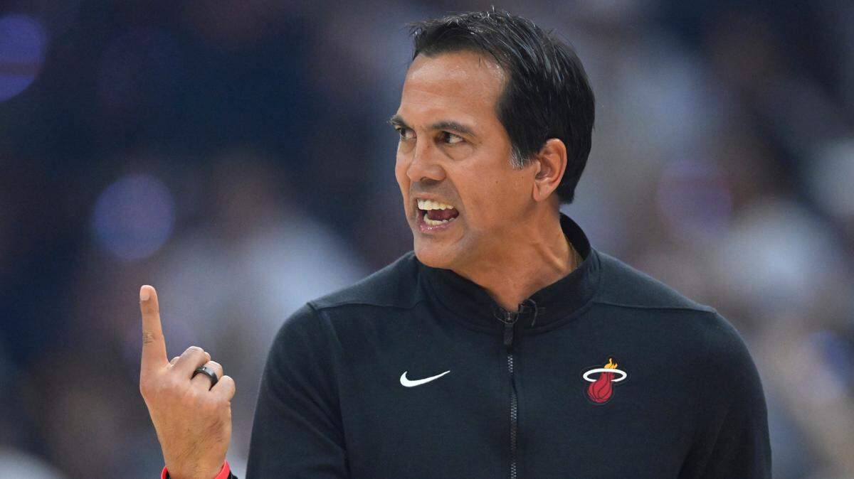 Miami Heat head coach Erik Spoelstra reacts in the first quarter of game two of the first round of the 2025 NBA Playoffs against the Cleveland Cavaliers at Rocket Arena.