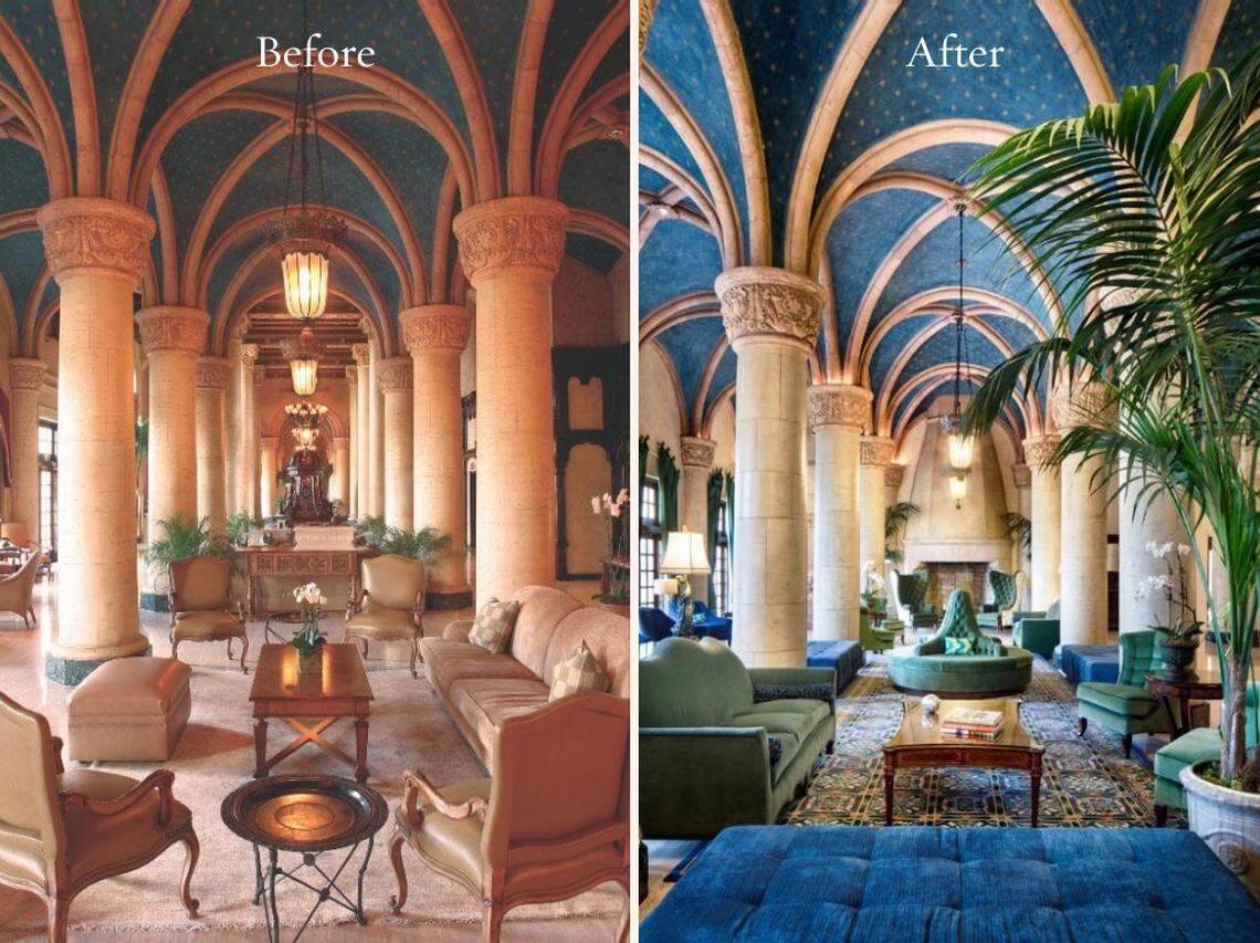 Before and after photos of the Biltmore Hotel lobby.