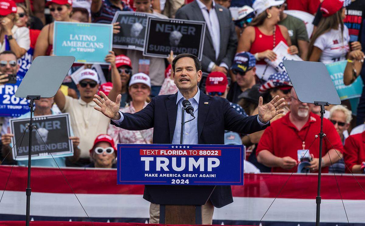 Florida U.S. Senator Marco Rubio speaks during a former President Donald Trump’s rally at the Trump National Doral Miami, in Doral on Tuesday, July 09, 2024.