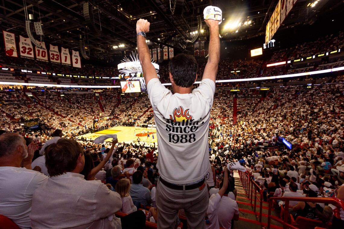A Miami Heat fan reacts from his seat during the first half of Game 3 of the NBA Finals at the Kaseya Center on Wednesday, June 7, 2023, in Miami.