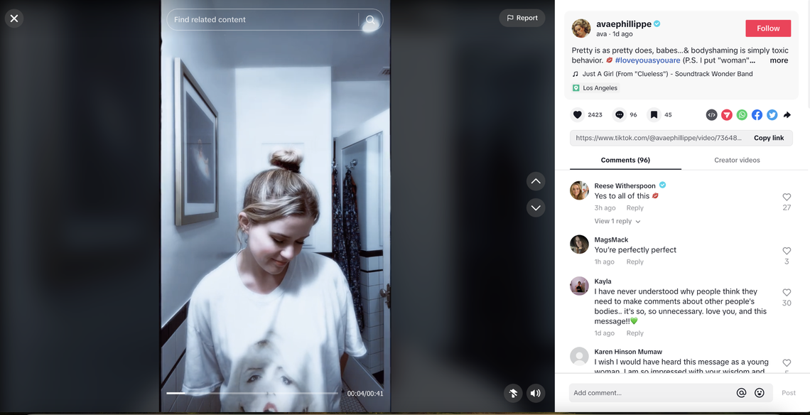 Ava Phillippe calls out bodyshamers in TikTok.
