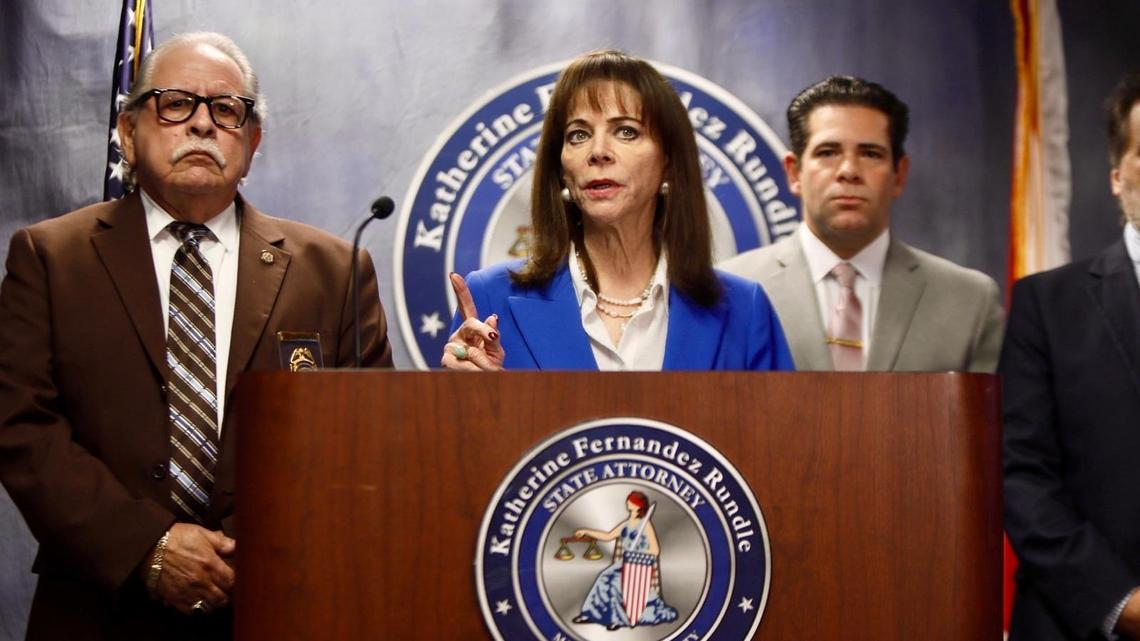 Miami, Florida, October 24, 2024 - Flanked by SAO Chief of Investigations, Emiliano Tamayo, left, and Assistant State Attorney Anthony Gil, State Attorney Katherine Fernandez Rundle, center, held a press conference to announce the most recent arrest in the ongoing investigation of the alleged thefts from the Hammocks HOA