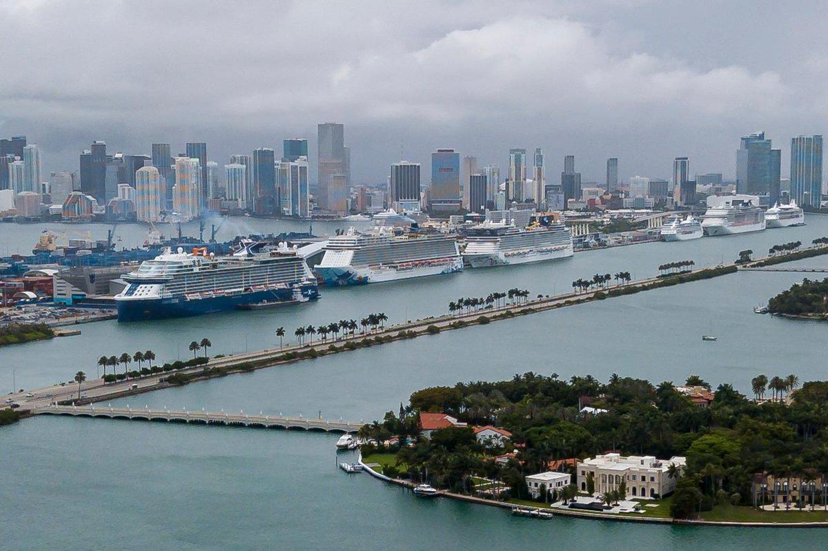 Cruise ships can be seen docked at Port Miami on Friday, May 15, 2020, in Miami, Florida.