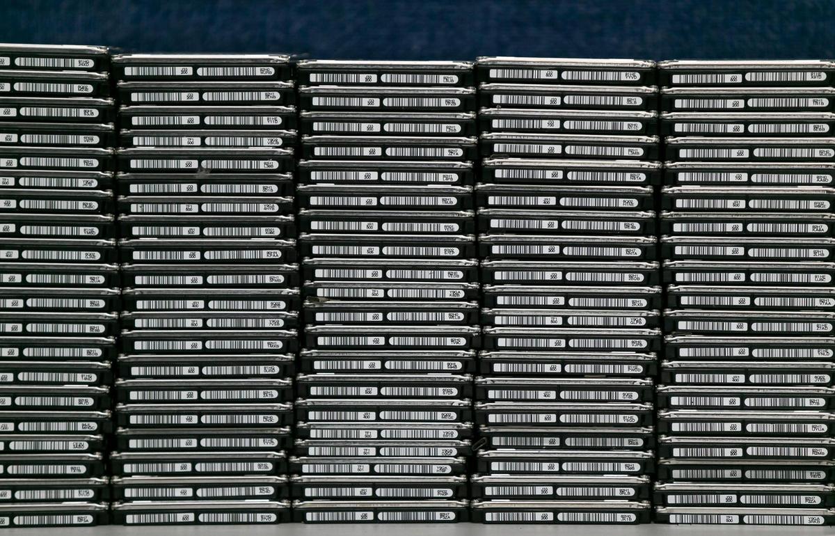 Hard drives are stacked at the offices of Miami-Dade Police’s South Florida Cyber Crimes Task Force.