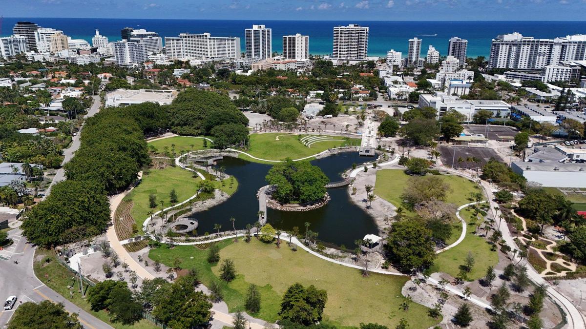 Bayshore Park, with 19.4 acres of open space, is designed to use the park’s lake as stormwater retention for the neighborhood’s watershed, thereby reducing demand on the island’s “gray” infrastructure while improving water quality through natural filtration. The lake will also contribute to habitat biodiversity within the urban environment while meeting the recreational needs of the Miami Beach community on Thursday, May 15, 2025.