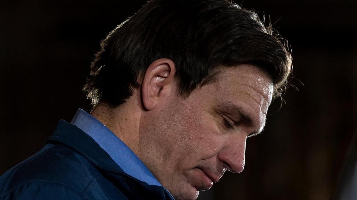 Florida Governor Ron DeSantis reacts during a town hall at the LaBelle Winery on Tuesday, Jan. 17, 2024, in Derry, New Hampshire. After placing second in the Iowa Caucuses, DeSantis faces an uphill climb in the New Hampshire primary.