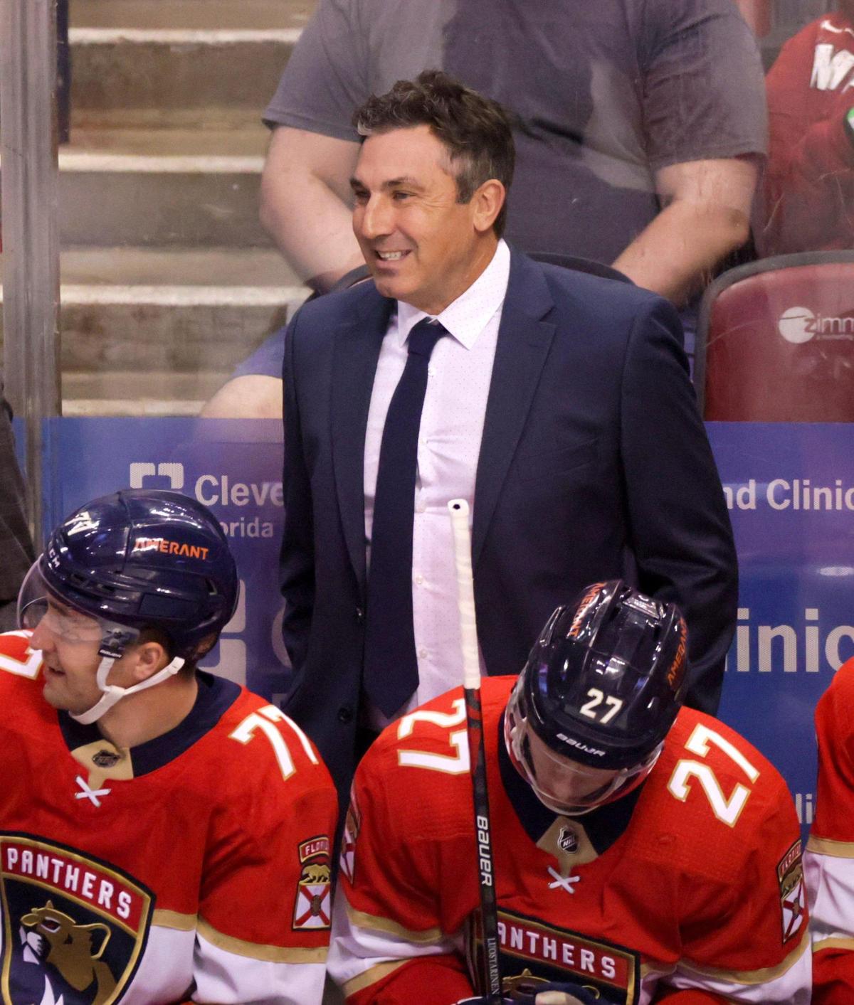 Florida Panthers interim head coach Andrew Brunette looks from the bench during the first period of an NHL game against the Washington Capitals at the FLA Live Arena on Thursday, November 4, 2021 in Sunrise, Fl.