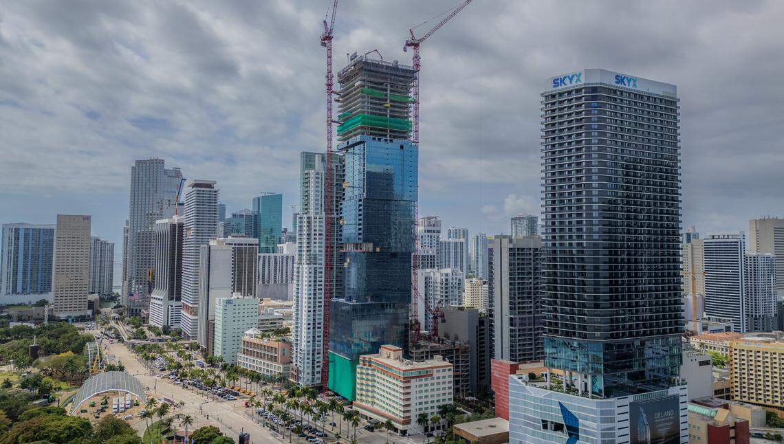 View of the Waldorf Astoria Hotel and Residences (center) a supertall skyscraper currently under construction located at 300 Biscayne Boulevard, in downtown, Miami, Florida. Once completed at 1,049 feet tall and rising 100 stories, it will be Miami's tallest tower AND Miami's first supertall skyscraper, on Wednesday, April 01, 2026.