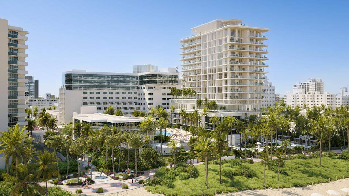 A rendering shows a planned 15-story luxury condo tower rising behind South Beach’s Ritz-Carlton and Sagamore hotels in a historic district. Owners of the National Hotel next door have gone to court to block the project.