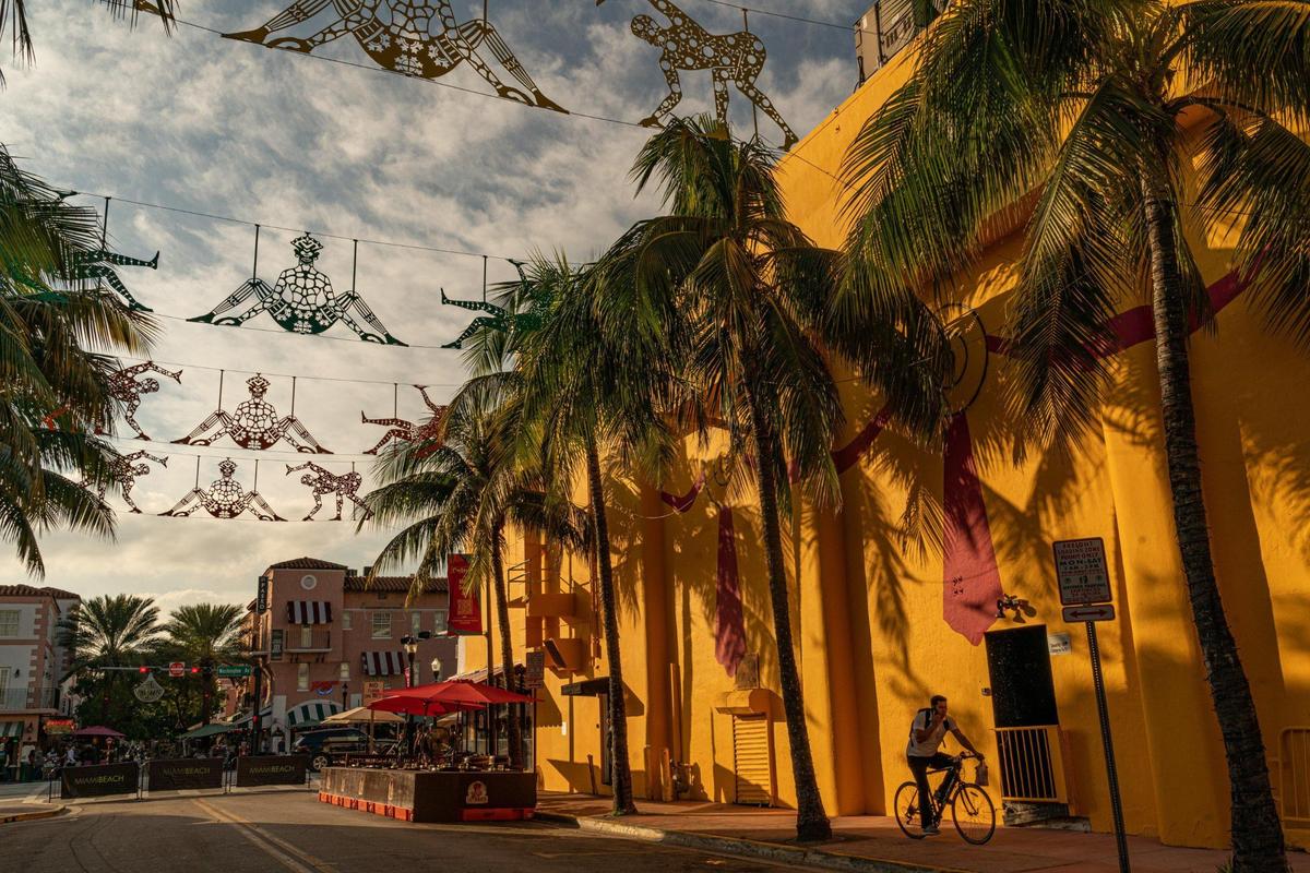 Artist Edouard Duval-Carrié’s installation is seen on Espanola Way in Miami Beach, Florida on Monday, November 28, 2022.
