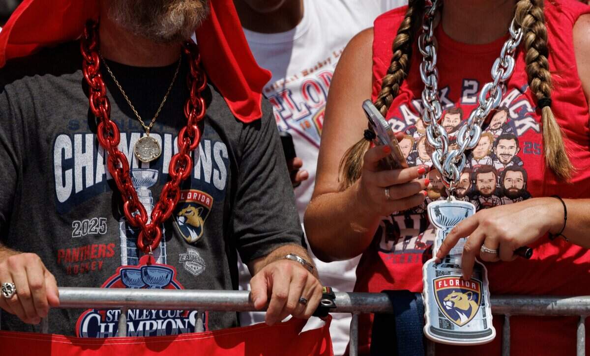 Florida Panthers fans come decked out in gear during the Florida Panthers Stanley Cup Championship victory parade on Sunday, June 22, 2025, down Las Olas in Fort Lauderdale, Fla.