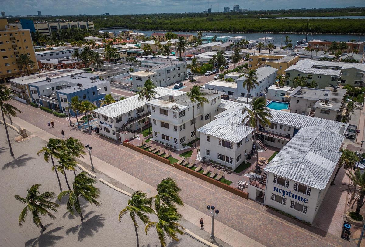 This is an aerial view on Aug. 16, 2023 of properties near the Hollywood beach Broadwalk that could disappear, if the city approves a mixed-use real estate development, including an 18-story condo and apartment tower complex, a beach club and restaurant facing the beach.