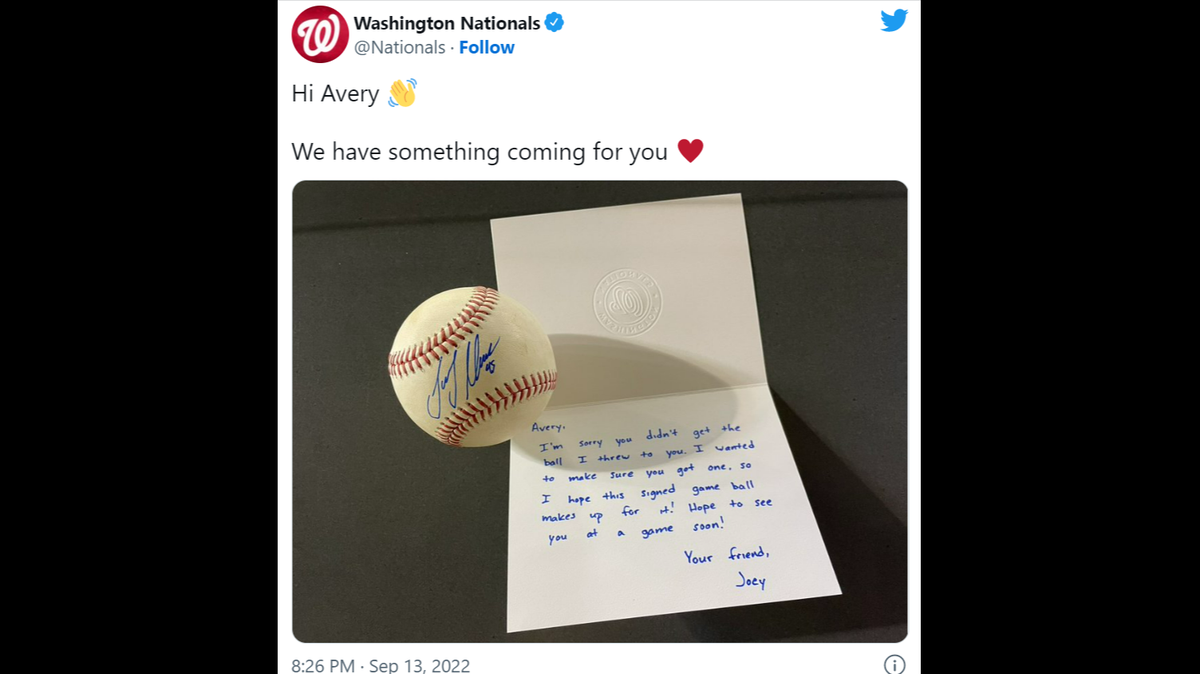 Nationals player Joey Meneses sent a signed ball to a young fan.