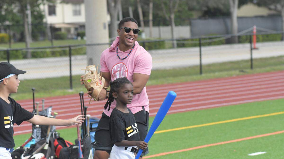 Miami Marlins utility player Xavier Edwards during his sixth-annual baseball skills camp on Saturday, Dec. 23, 2023, at North Broward Preparatory School in Coconut Creek, Florida.