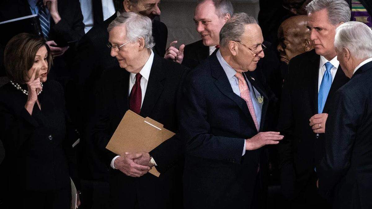 House and Senate leaders, including , from left, Nancy Pelosi, Mitch McConnell and Chuck Schumer, are seeking consensus on a $2 trillion coronavirus stimulus package.