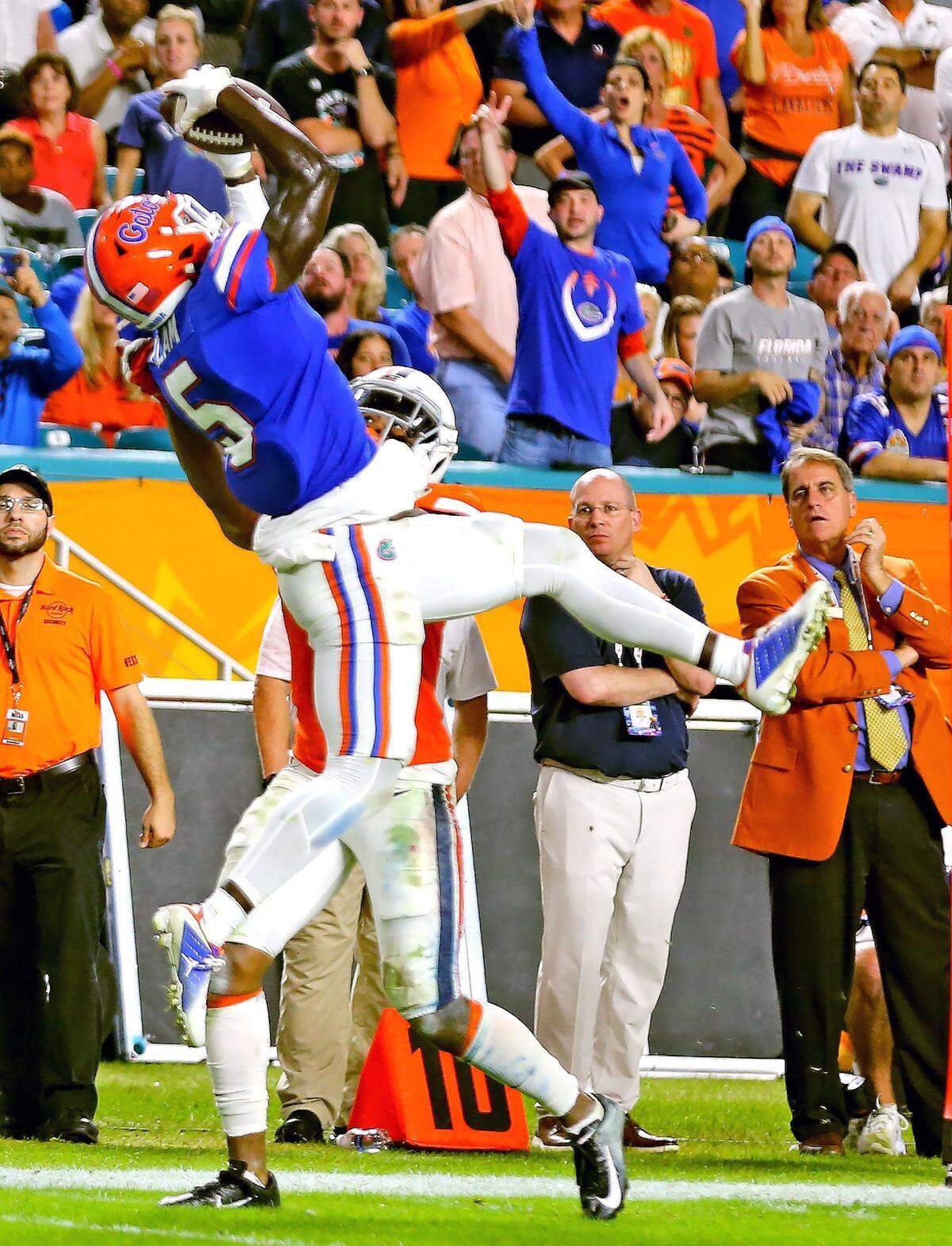 Florida Gators Kaiir Elam (5) intercepts the ball in the fourth quarter as they play the Virginia Cavaliers in the 2019 Capital One Orange Bowl at Hard Rock Stadium in Miami Gardens, Florida, Monday, December, 30, 2019.