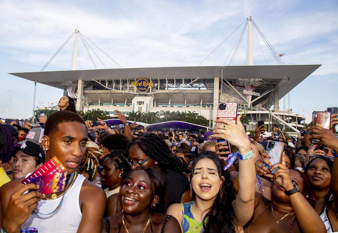 Miami Gardens’ Hard Rock Stadium, home of the Miami Dolphins, attracts music and sports fans year round. Above: Maskless concertgoers gather during the third day of Rolling Loud Miami, an international hip-hop festival, at Hard Rock Stadium in Miami Gardens on July 25, 2021.