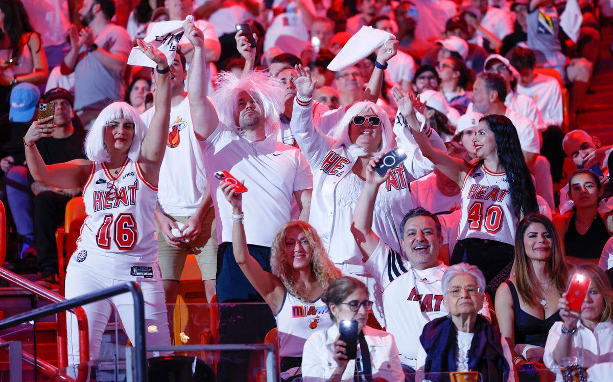 Miami Heat fans show their support during the game against the Boston Celtics in Game 6 of the Eastern Conference finals at the Kaseya Center in Miami on Saturday, May 27, 2023.
