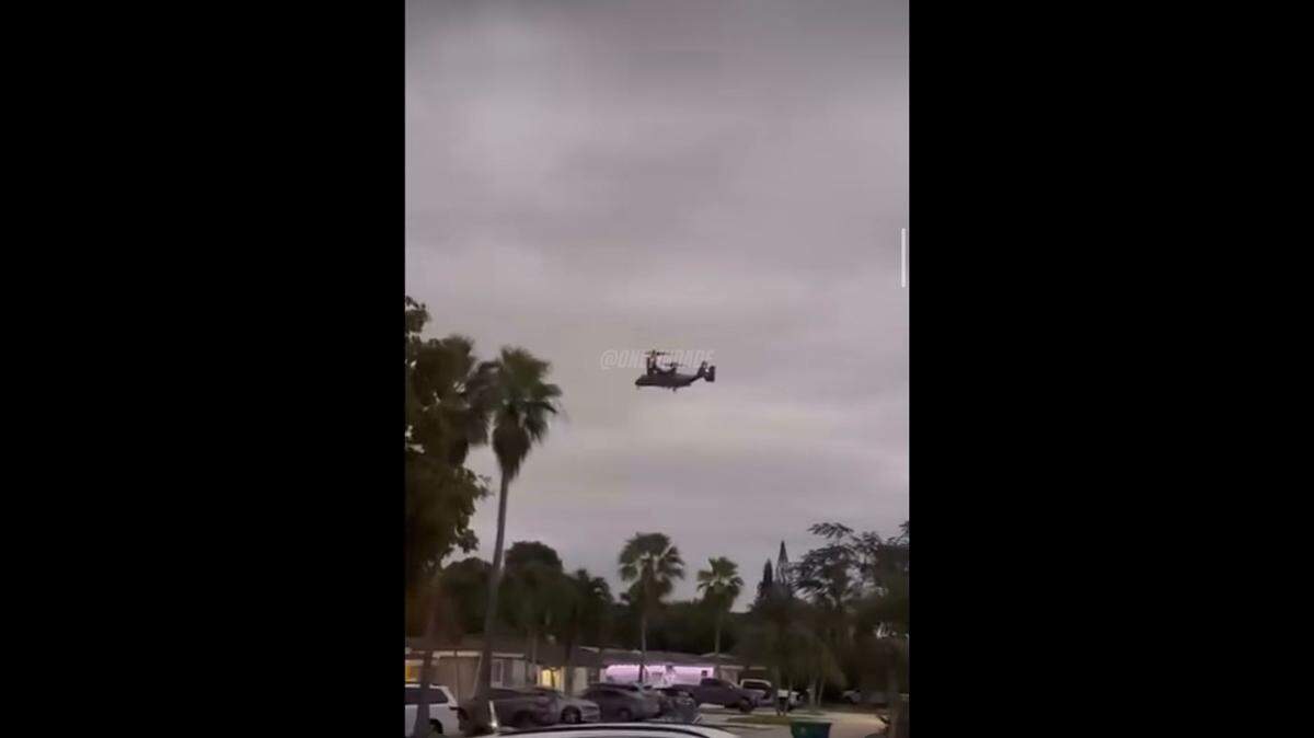 V-22 Ospreys, aircraft operated by the U.S. military, were seen flying around North Perry Airport in Pembroke Pines, Florida, on Wednesday, Jan. 14, 2026, in anticipation of President Trump’s visit to watch the college football championship game at nearby Hard Rock Stadium in Miami Gardens on Monday.
