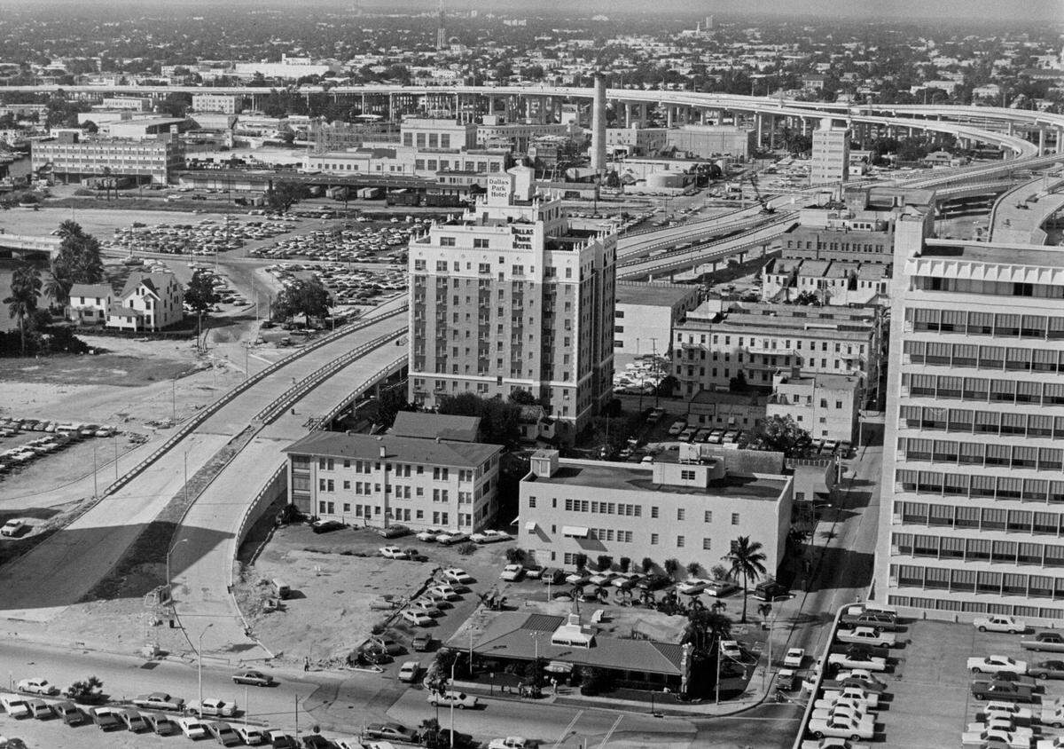 Dupont Plaza, flanked by with highway ramps, seen in 1968 from first National Bank Building.