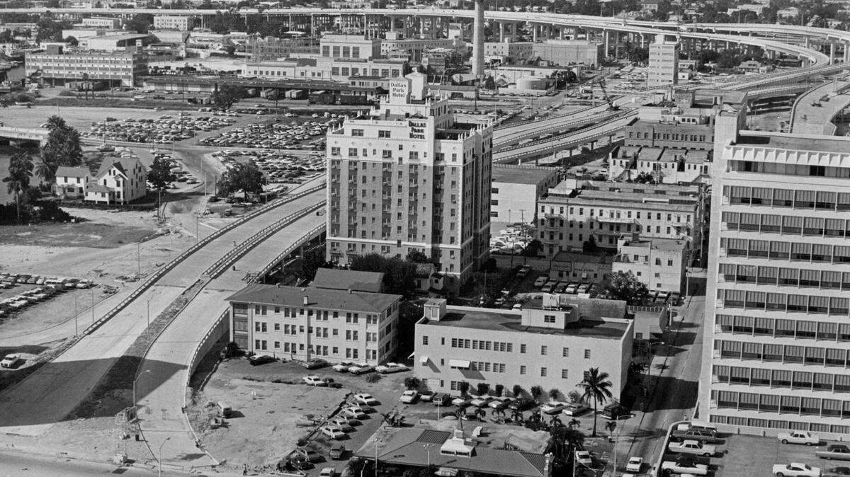 Dupont Plaza, flanked by with highway ramps, seen in 1968 from first National Bank Building.