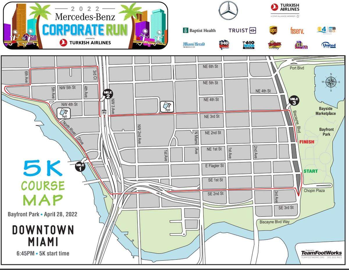 The 2022 Mercedes-Benz Corporate Run course map for downtown Miami.