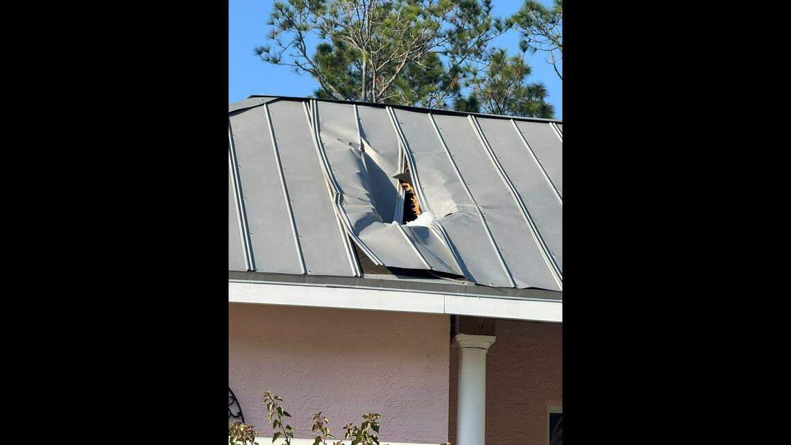 Firefighters arrived to find a large hole in one home’s metal roof “and remnants of ice that had penetrated into the living quarters.”