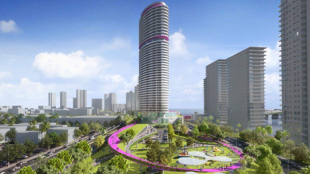 A rendering of the high-rise and public park planned for the gateway to South Beach. Courtesy of Arquitectonica