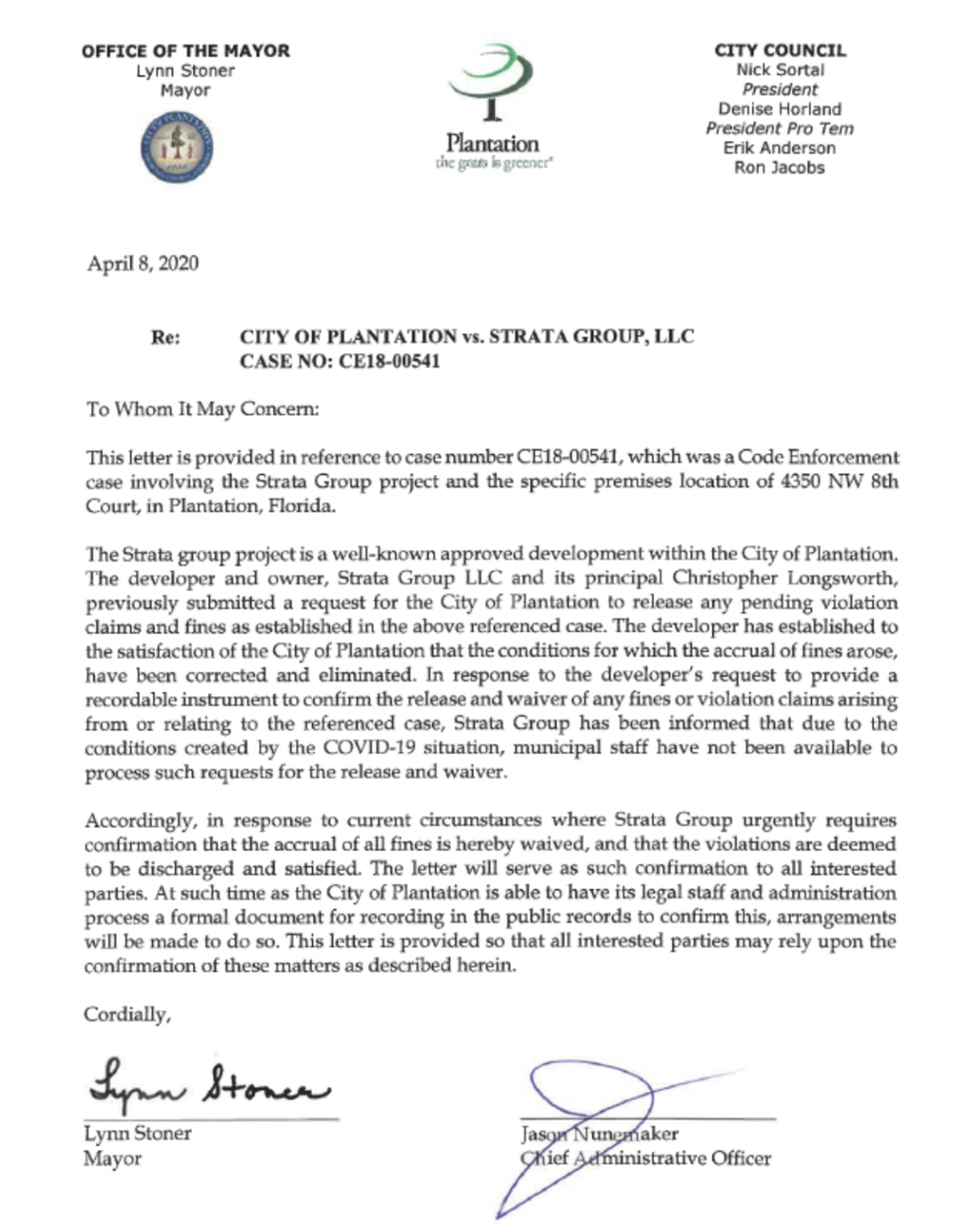 A copy of the letter that former Plantation Mayor Lynn Stoner is accusing of writing to help a developer obtain loans.