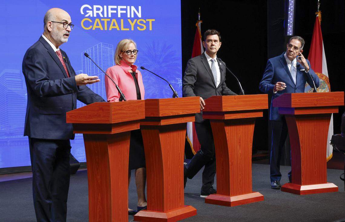 From left, City of Miami mayoral candidates Emilio T. Gonzalez, Eileen Higgins, Ken Russell and Xavier L. Suarez participate in the Miami mayoral debate at the Ziff Ballet Opera House at the Adrienne Arsht Center in Miami, Fla., on Thursday, Oct. 16, 2025.