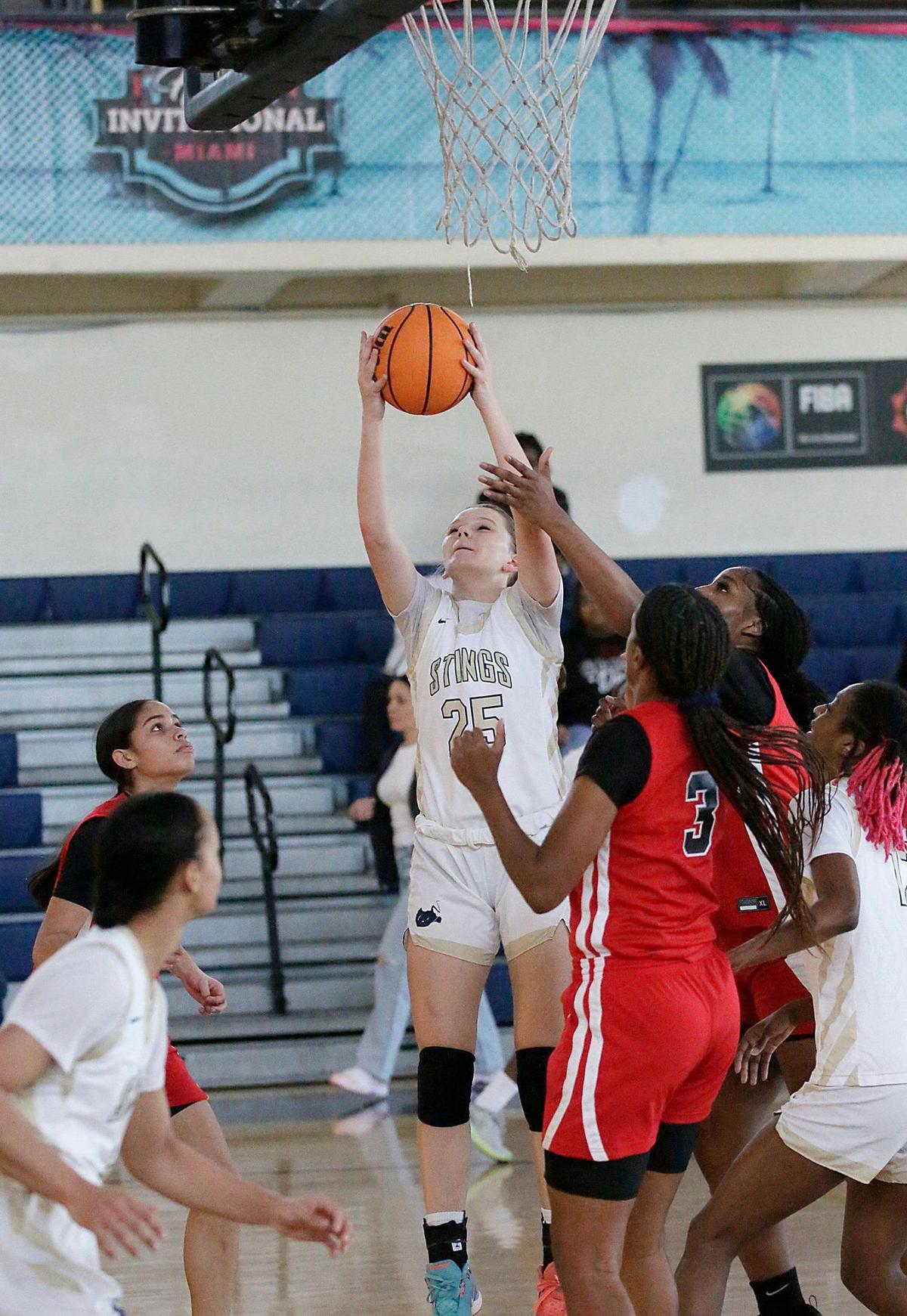 Miami High’s Zoe Rowe (25) attempts a shot against Southridge during the GMAC girls’ basketball championship game Saturday, January 25, 2025 at Miami Senior HS in Miami.