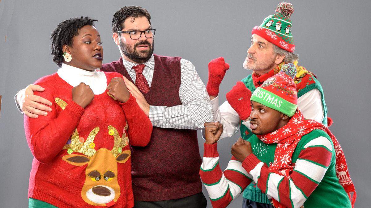 Daryl Patrice and Alex Alvarez are confronted by hostile carolers Dave Corey and Jovon Jacobs in “Everything that Happened Before that Terrible Holiday Sweater Party.”