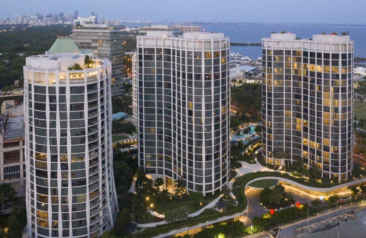 The three towers of the Park Grove condos in Coconut Grove were developed by Terra Group and The Related Group and designed by Dutch architect Rem Koolhaas’ OMA.