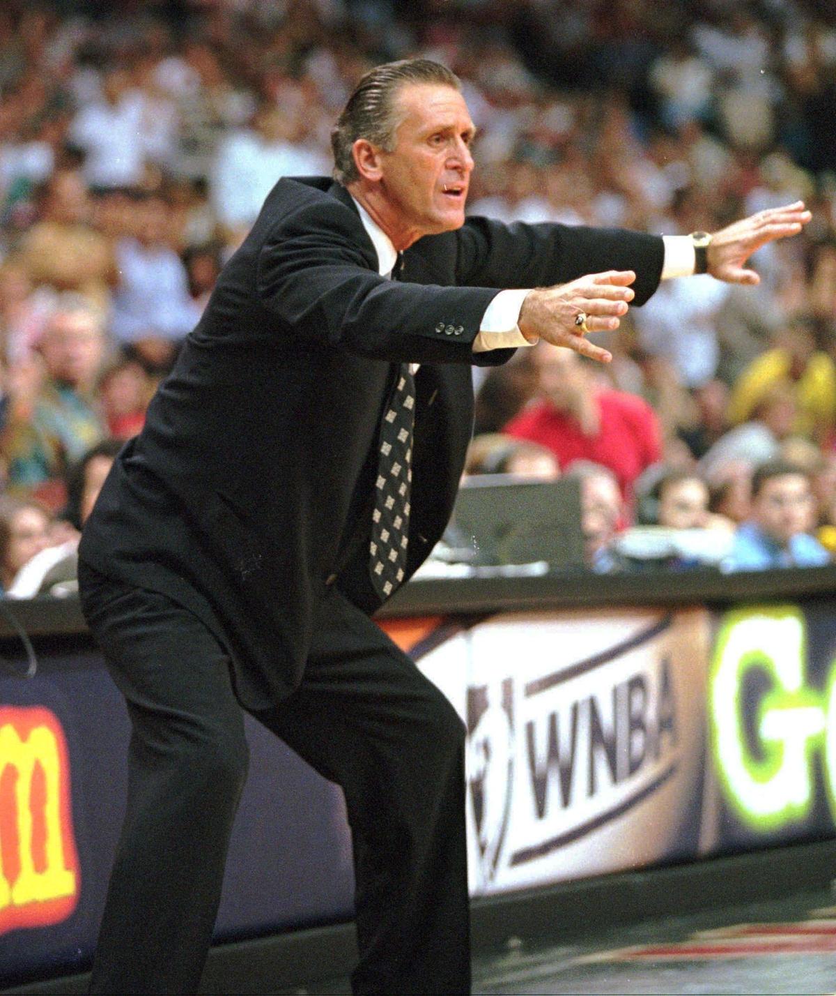 FILE -- Miami Heat head coach Pat Riley reacts during Game 7 of the Eastern Conference semifinals in Miami Sunday, May 18, 1997. The Heat won 101-90 making the Knicks only the sixth team in NBA playoff history to blow a 3-1 series lead. Once again, it’s Phil Jackson vs. Pat Riley in the battle for Eastern Conference supremacy as Jackson’s defending champion Chicago Bulls take on Riley’s resilient Miami Heat. (AP Photo/Jeffrey Boan)