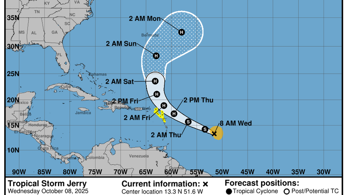 Tropical Storm Jerry is on track to strengthen into a hurricane as soon as Thursday.