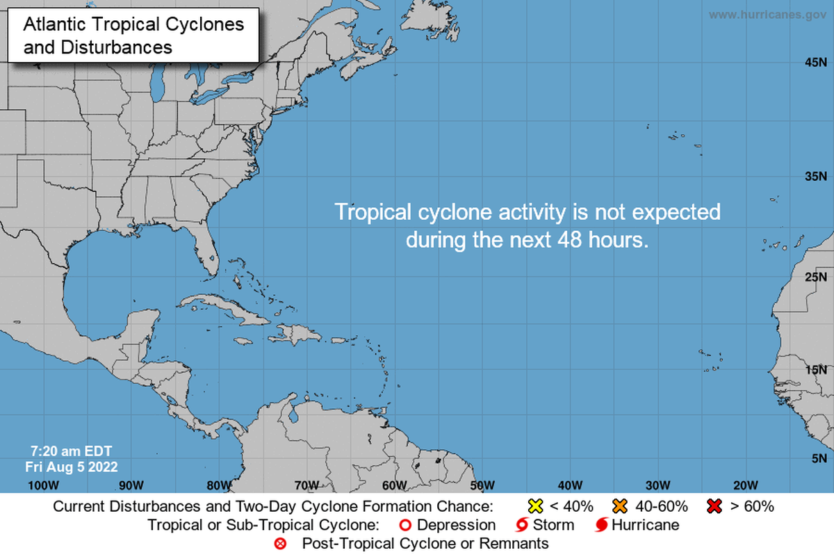 National Hurricane Center’s tropics map on Friday, Aug. 5, 2022, reports no likely activity through the weekend.