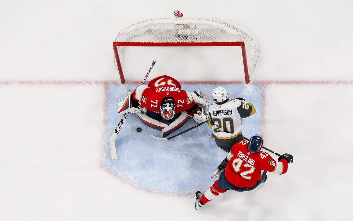 Florida Panthers goaltender Sergei Bobrovsky (72) blocks a shot by Vegas Golden Knights center Chandler Stephenson (20) in Game 3 of the NHL Stanley Cup Final at the FLA Live Arena on Thursday, June 8, 2023, in Sunrise, Fla.