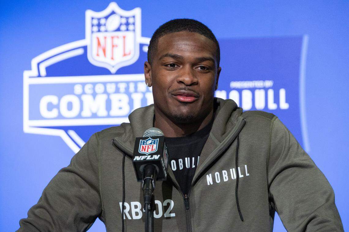 Mar 4, 2023; Indianapolis, IN, USA; Texas A&M running back Devon Achane (RB02) speaks to the press at the NFL Combine at Lucas Oil Stadium. Mandatory Credit: Trevor Ruszkowski-USA TODAY Sports