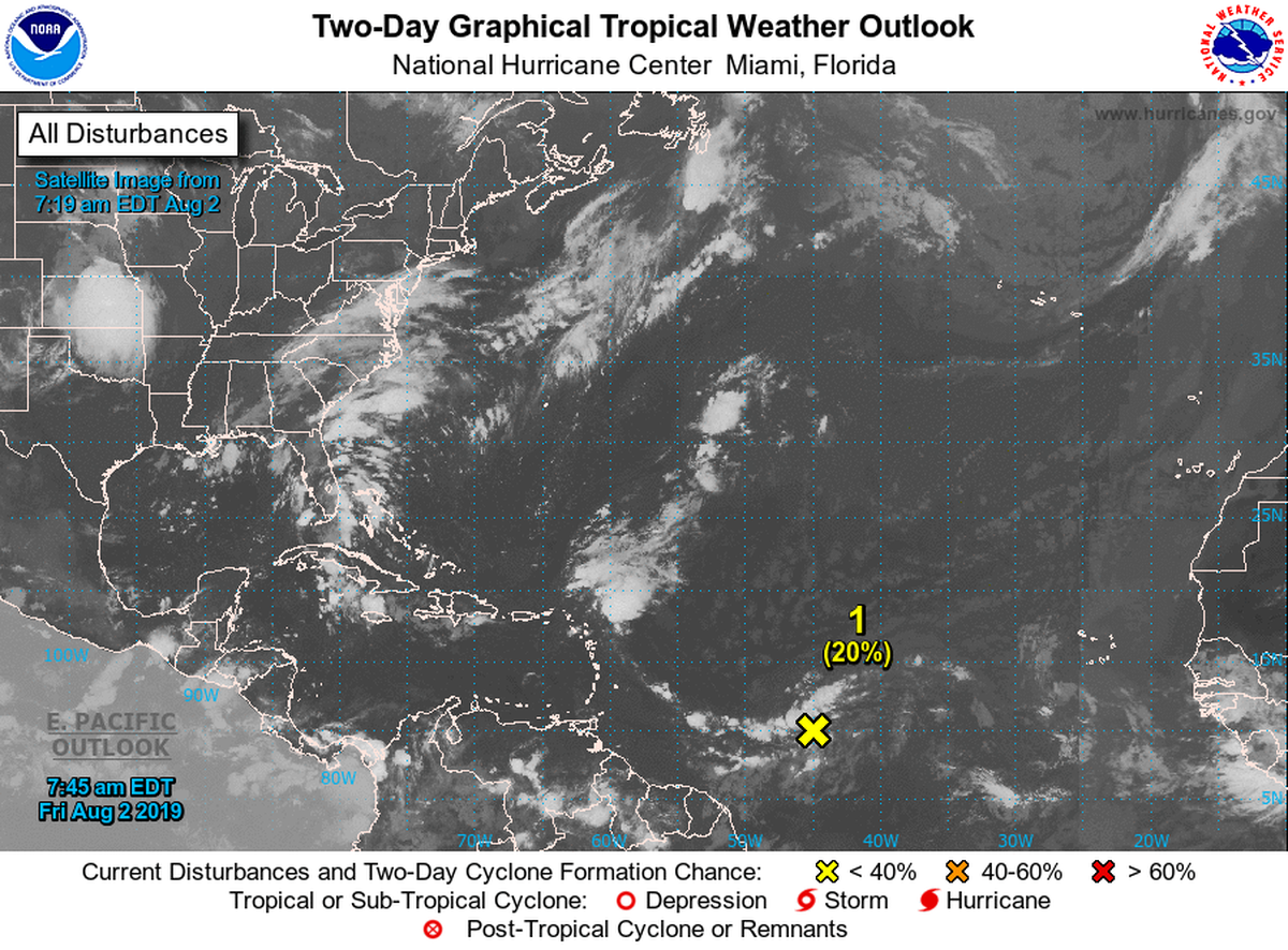 The two-day tropical weather outlook released at 8 a.m. Aug. 2, 2019, by the National Hurricane Center in Miami. The center is watching a disturbance out in the Atlantic near the Lesser Antilles that has a 50% chance of development over five days.