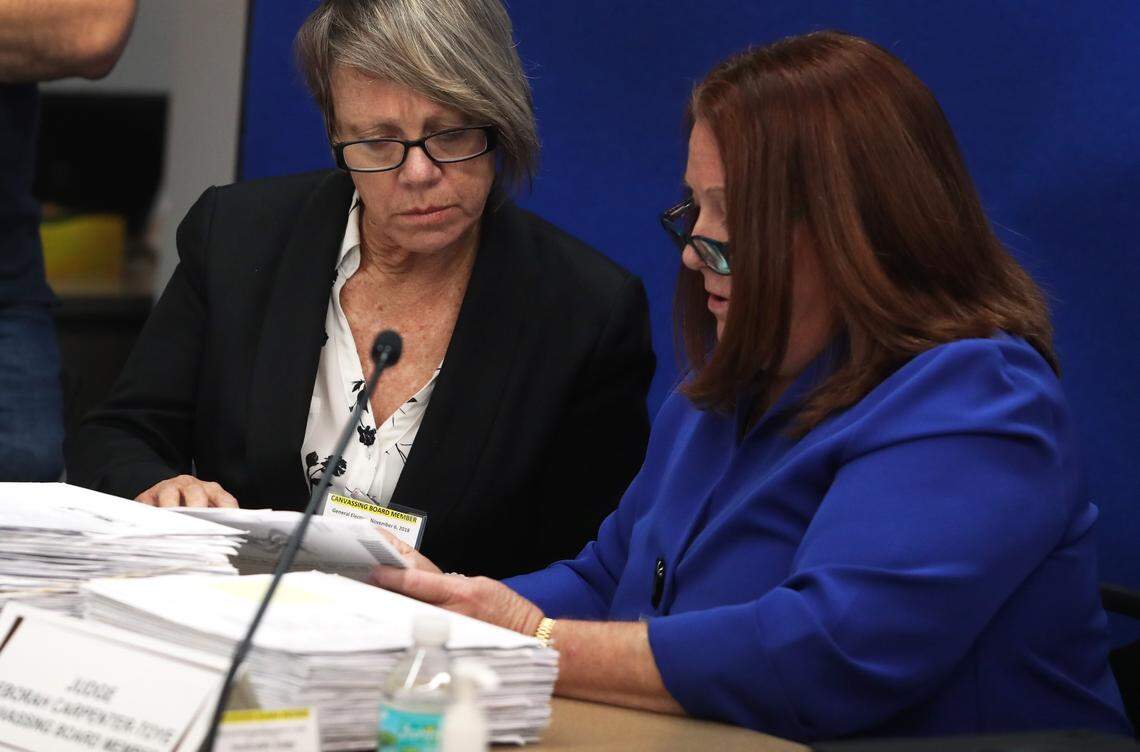 Canvassing board members Judge Betsy Benson, left, and Judge Deborah Carpenter-Toye  look over signatures on ballots at the Broward County Supervisor of Elections Office in Lauderhill, FL, Thursday, Nov. 8, 2018.