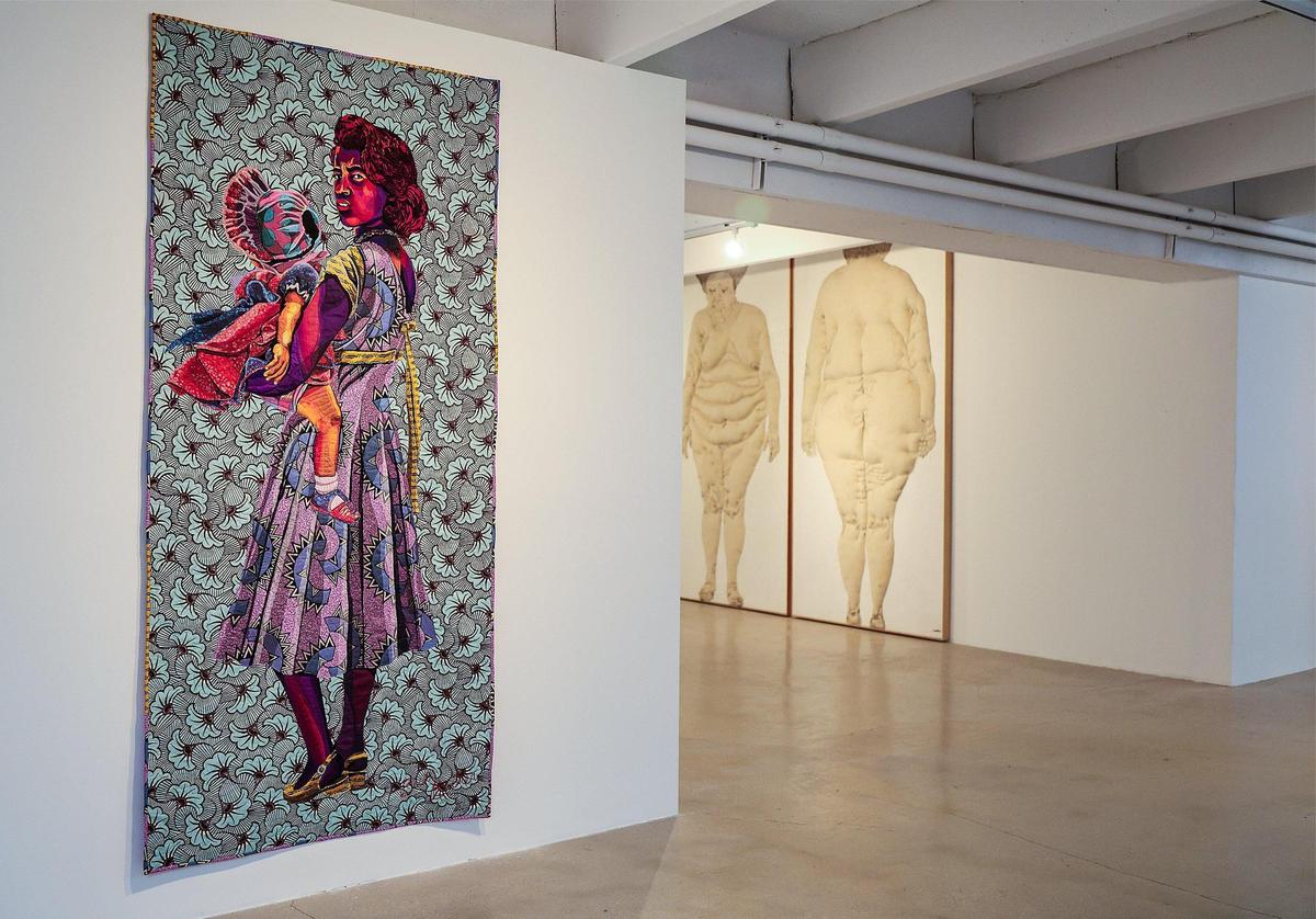Pieces by artists Bisa Butler, titled “Mobile Madonna” (left) and Tania Candiani, titled “Lipo Front and Back - da série Gordas” (right), part of the coming exhibit To Weave the Sky: Textile Abstractions from the Jorge M. Pérez Collection at EL Espacio 23 Space in Miami on Tuesday, October 10, 2023.
