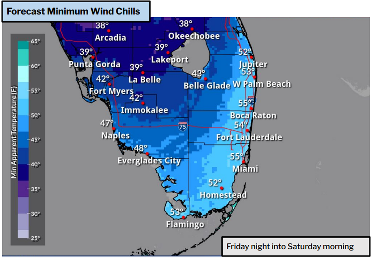 Minimum wind chills forecast for Friday night into Saturday morning in South Florida.