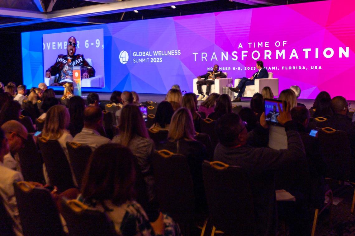 American record producer Timbaland speaks to Freddie Moross, founder of Myndstream, during a keynote conversation for the 2023 Global Wellness Summit at Hyatt Regency Miami in Miami, Florida, on Tuesday, November 7, 2023.