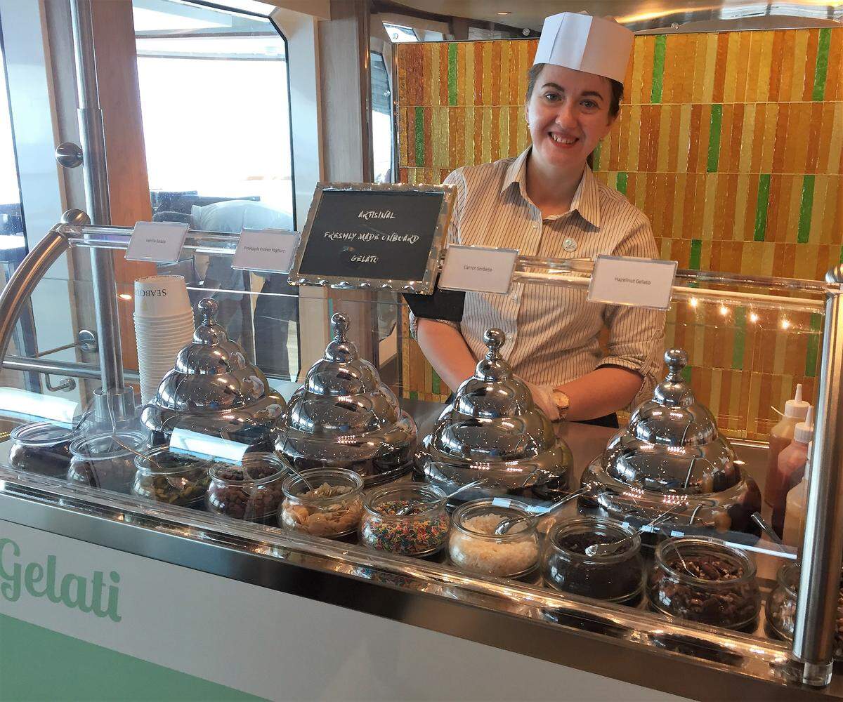 The gelato bar on Seabourn Ovation, with lots of choices, is tough to pass without a taste.