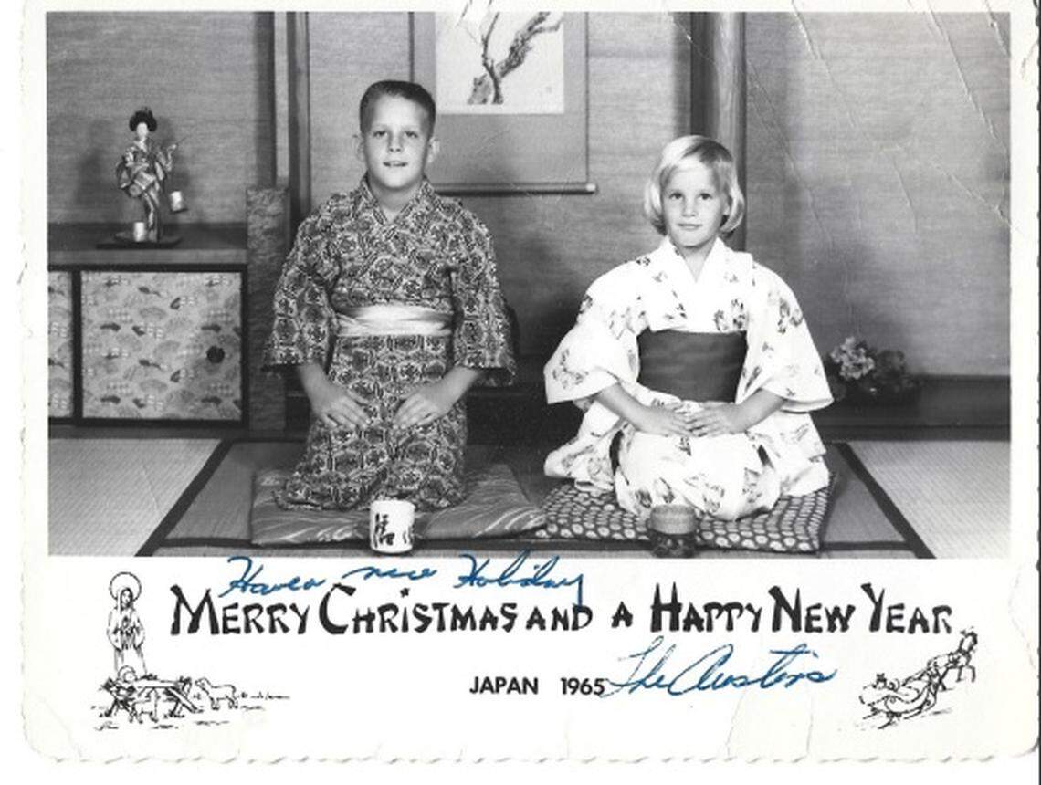 A holiday card from 1965 featuring Tom Austin and his sister Laura when they were children in Hayama, Japan.