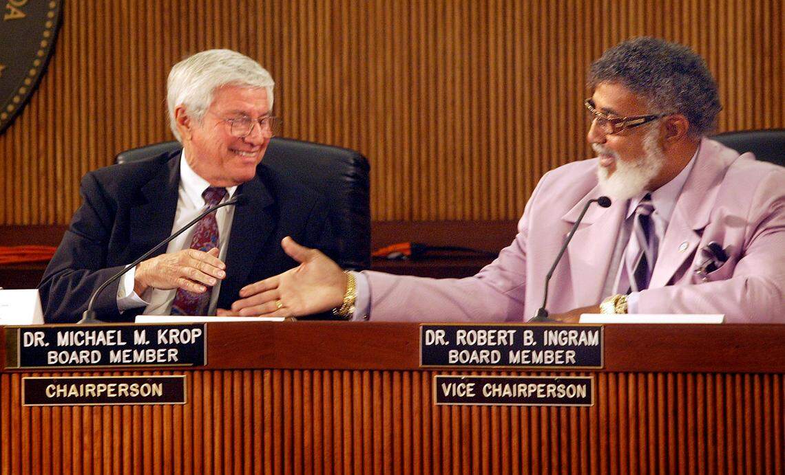 Dr. Michael Krop and Dr. Robert Ingram congratulate each other on keeping their positions  on the Miami-Dade School Board, Nov. 18, 2003.  Krop was the board’s chairperson and Ingram was the vice chairperson.