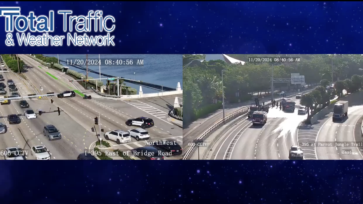 Traffic on the MacArthur causeway is backed up after westbound lanes were shut down due to a truck on fire.