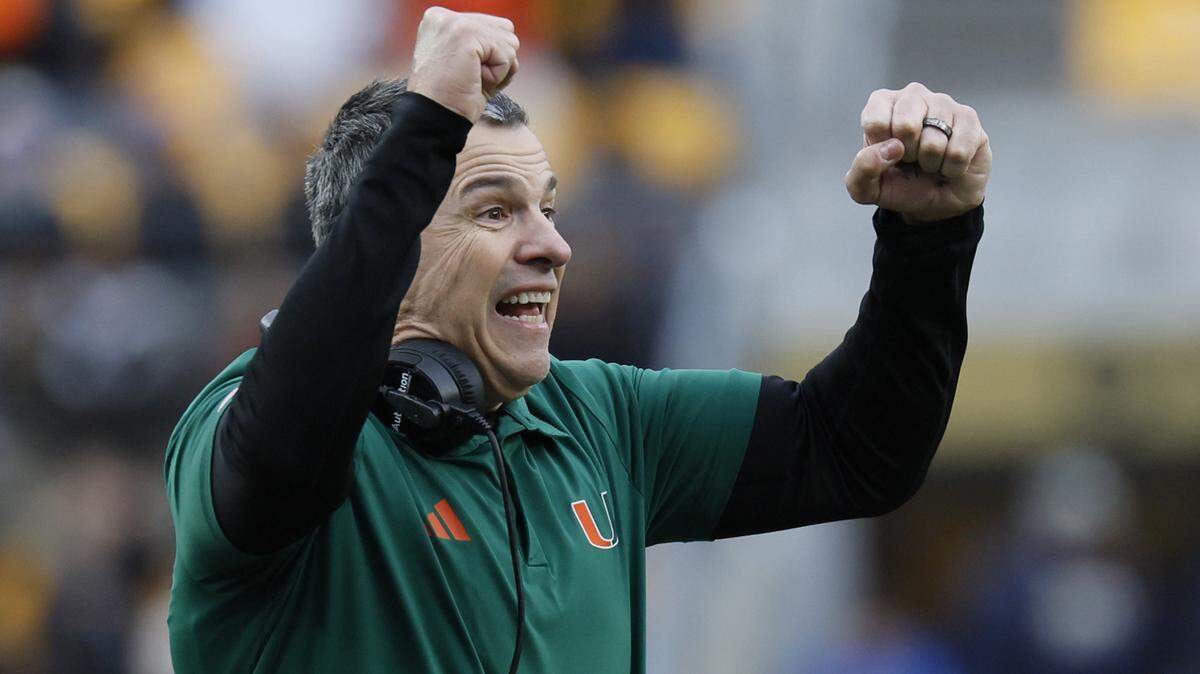 Miami Hurricanes head coach Mario Cristobal reacts during the second half against the Pittsburgh Panthers of their NCAA football game at Acrisure Stadium in Pittsburgh, PA, on Saturday, November 29, 2025.