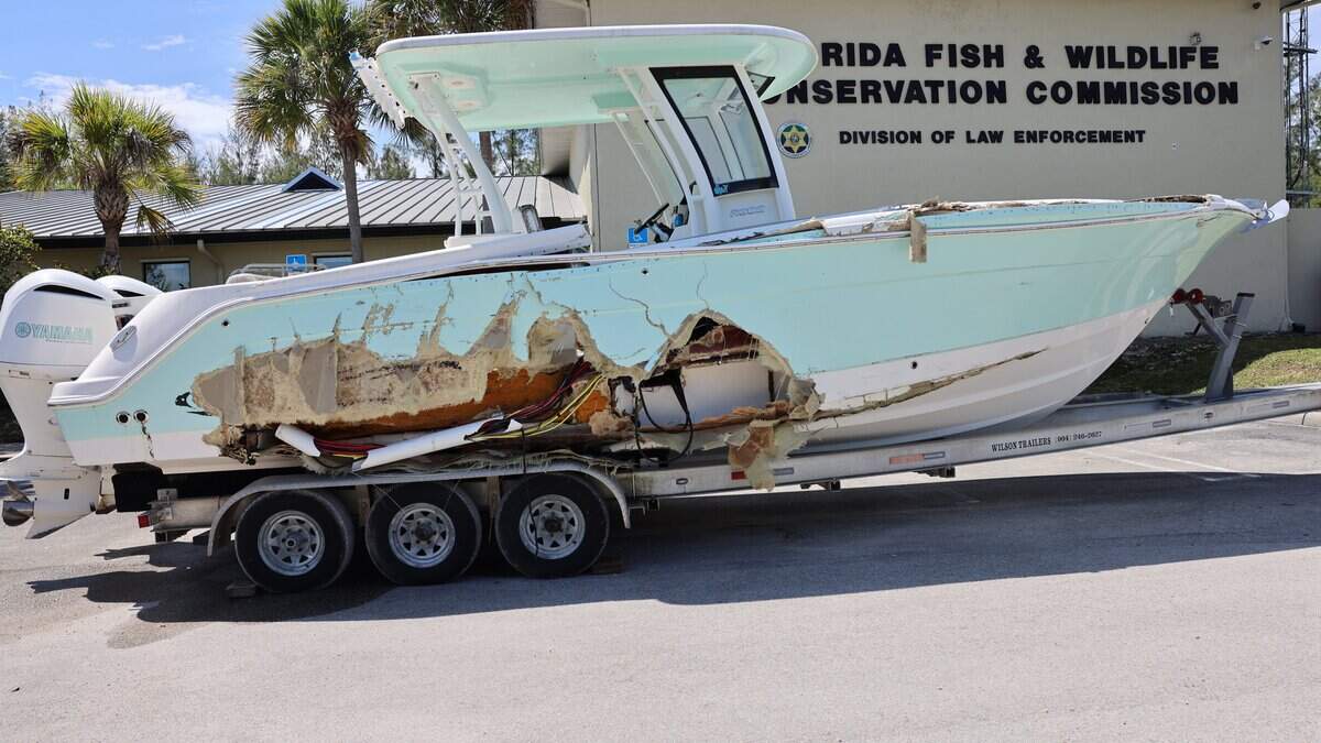 The wrecked boat belonging to Doral real estate broker George Pino is made available to members of press after the departure of the jurors in the manslaughter trial of Pino on Thursday, June 11, 2026 at he Florida Fish and Wildlife Conservation Commission storage yard in North Miami, Florida.   He crashed the vessel on Sept. 4, 2022, killing a 17-year-old girl, Lucy Fernandez, and severely injuring another teen, Katerina 'Katy' Puig.