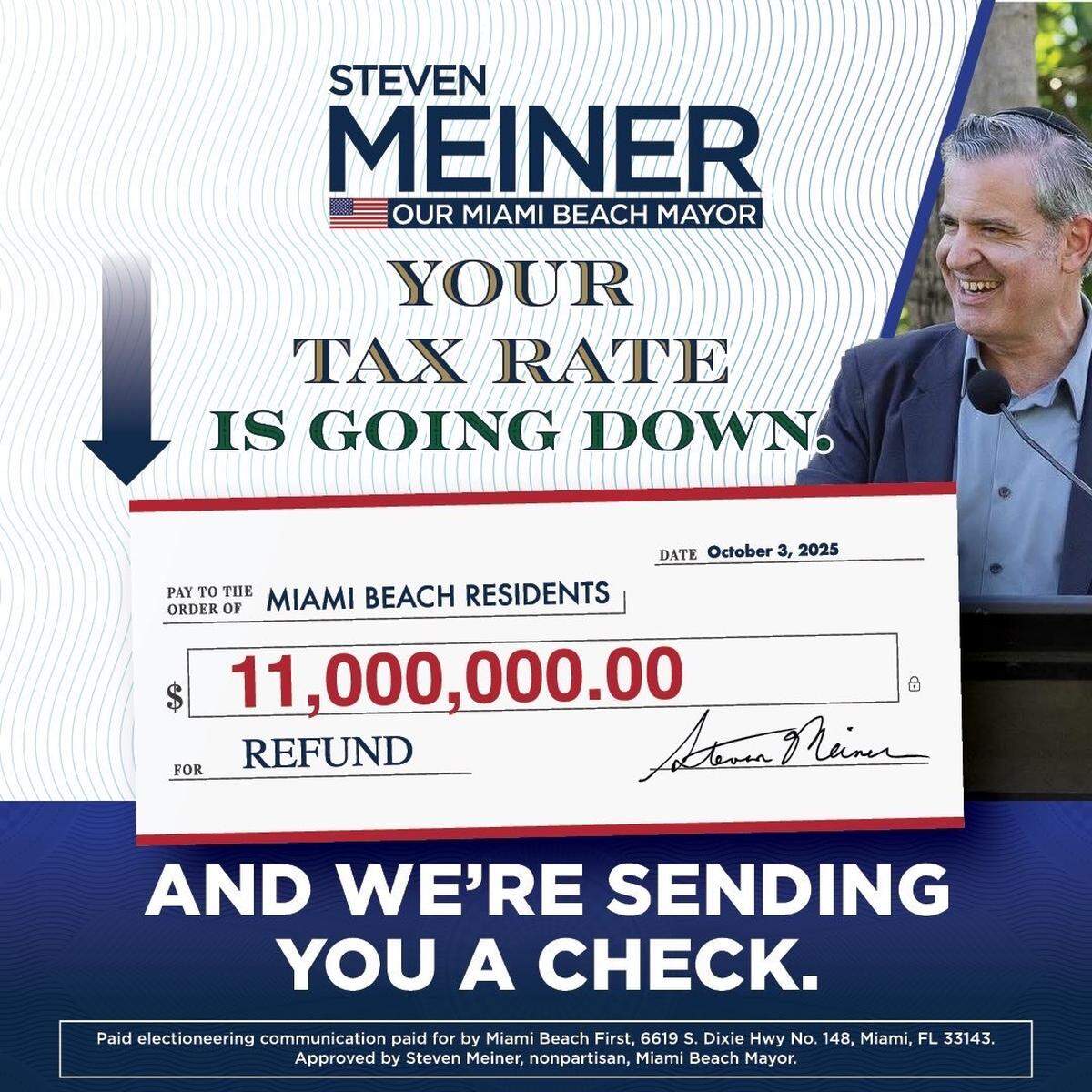 A text message to voters from Miami Beach Mayor Steven Meiner touted a plan to send checks to residents using surplus budget funds.